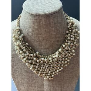 Couture Faux Pearl Bib Necklace Gold Tone Chain Link Collar Signed 20” Artsy